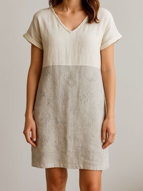 Lina Tomei White Beige Leaf Print Mini Dress XL